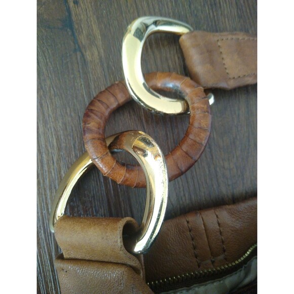 VINTAGE MICHAEL KORS SHOULDR HOBO BAG BROWN DISTRESSED LEATHER GOLD CHAIN ZIPPED - Picture 2 of 6